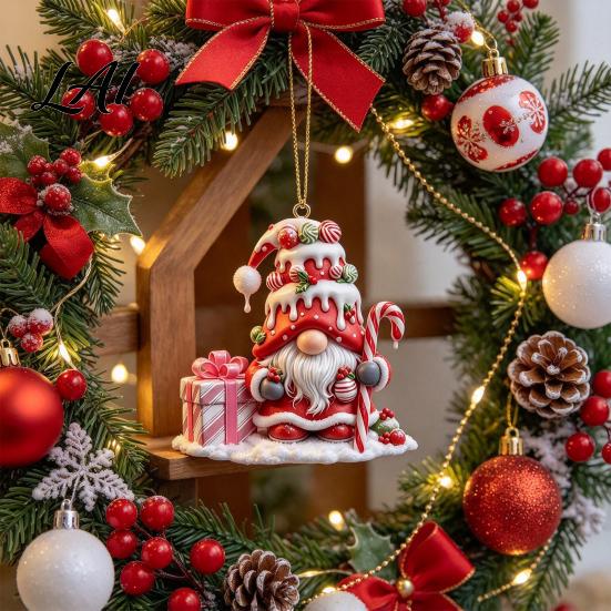 Unique Christmas Holiday Ornaments Gnome Ornament 2D Acrylic Santa Hanging Decoration with Candy Indoor Home Cane Gift Box for Xmas Tree Window Decor