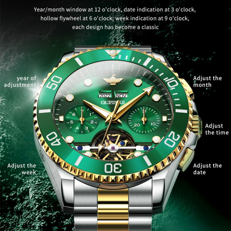 OUPINKE Новые мужские часы для бизнеса и отдыха, многофункциональные механические часы с полым турбийоном, светящиеся высококачественные часы