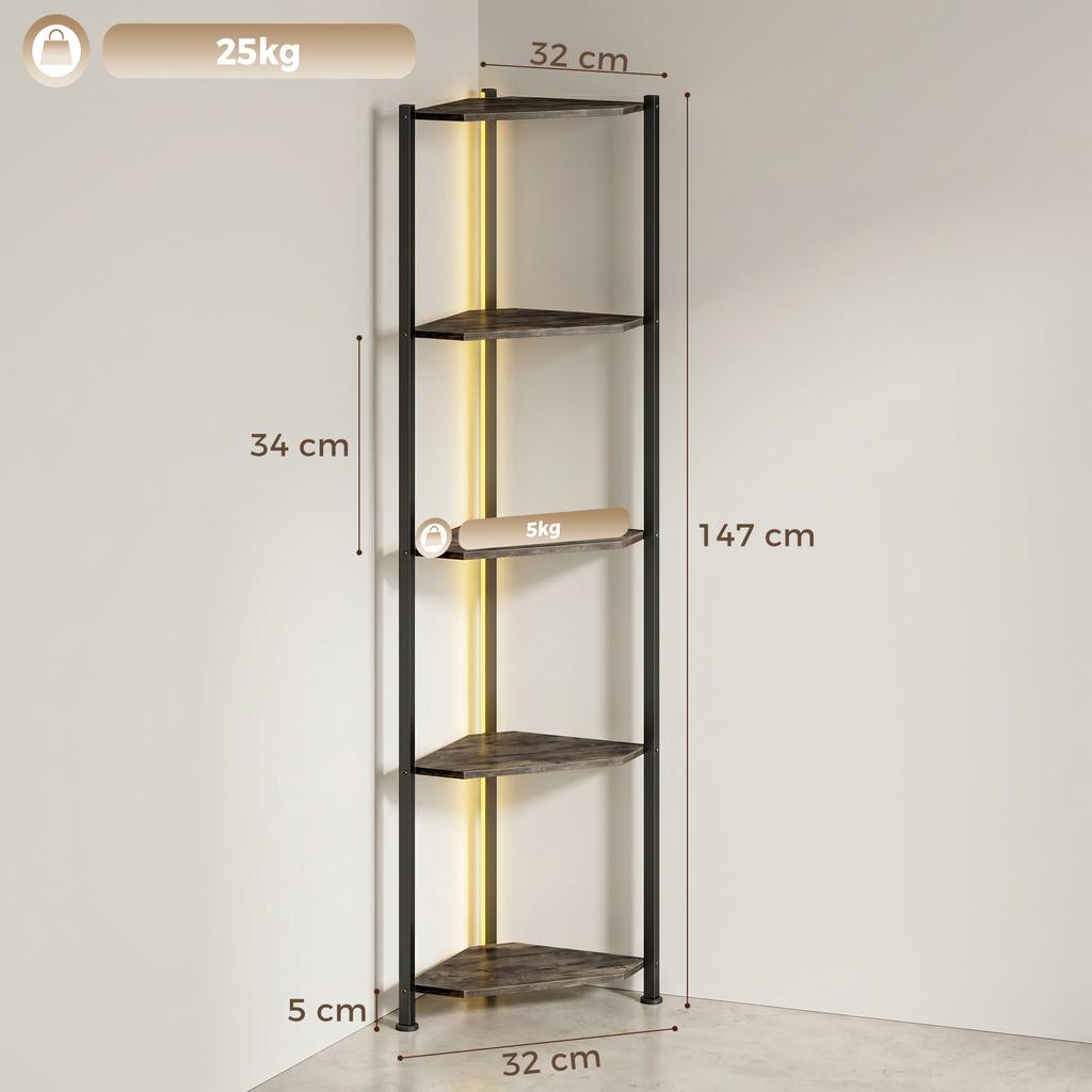 Bookshelf 5-Tier Corner Shelf with LED Lighting for Living Room, Bedroom, Office, Rustic Brown