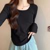 Черная приталенная рубашка с квадратным вырезом, женская верхняя одежда, осень 2024 г., новая футболка с длинным рукавом и неровным подолом