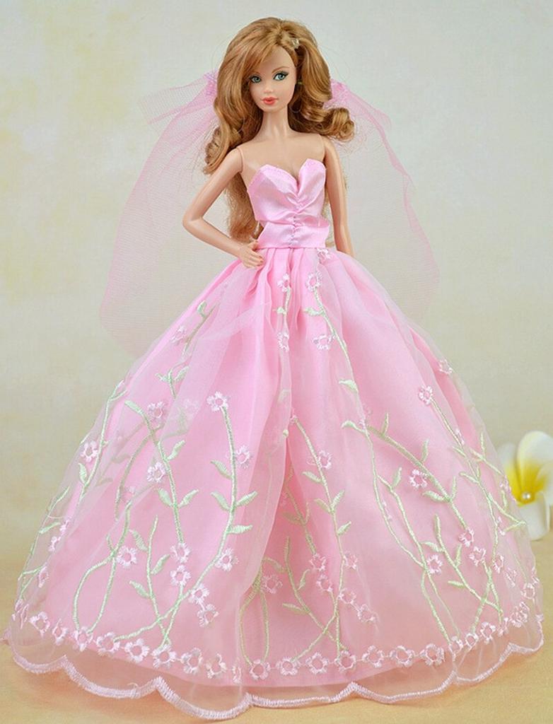 Розовое красивое свадебное платье для кукольного домика Барби, длинное платье + вуаль, кружевное платье, одежда для куклы BJD 1/6, одежда