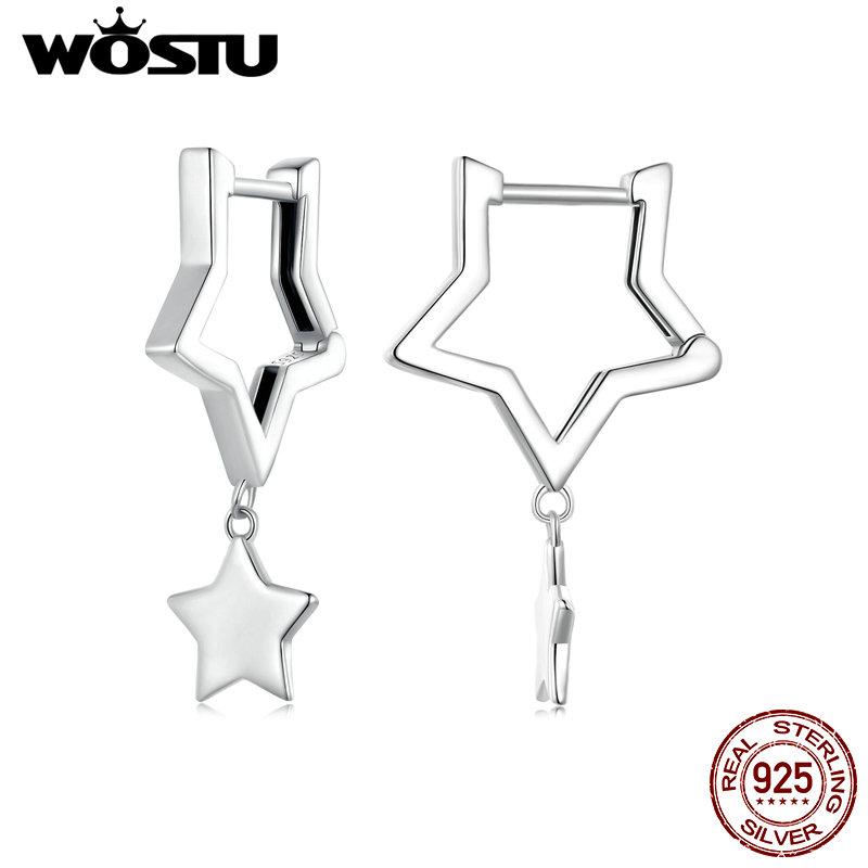 WOSTU 925 Sterling Silver Double Star Dangle Hoop Earrings For Women Punk Geometric Star Pendant Earrings Minimalist Jewelry