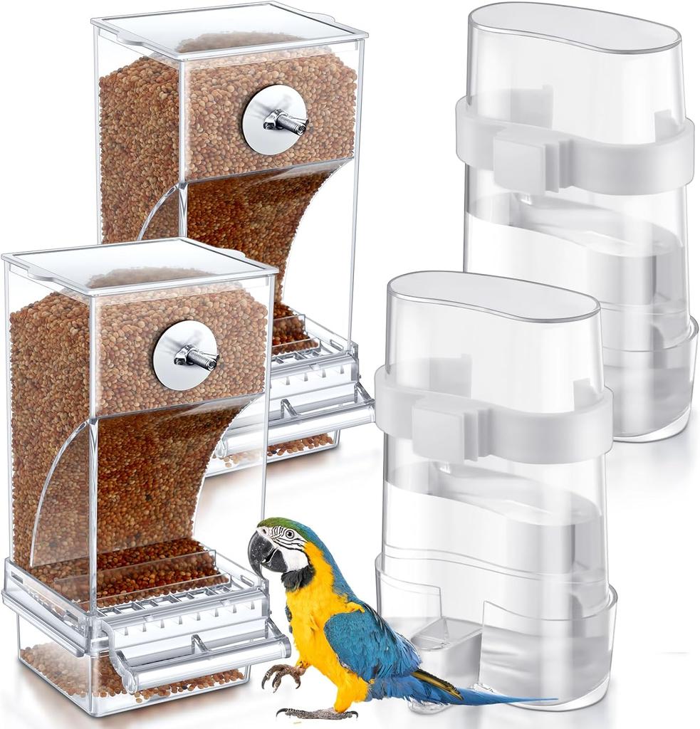 Small automatic bird feeder anti-scattering bird drinker transparent 4 Pack (2 drinkers +2 feeders)