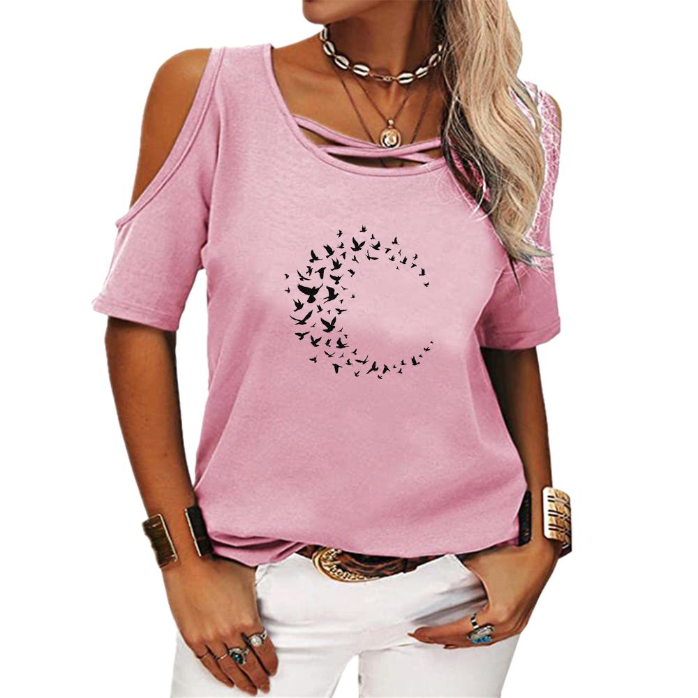 Women Casual Off Shoulder T-shirt Summer Short Sleeve Top Ladies Fashion Round Neck Printed Tee Shirt Pullover Loose T-shirt