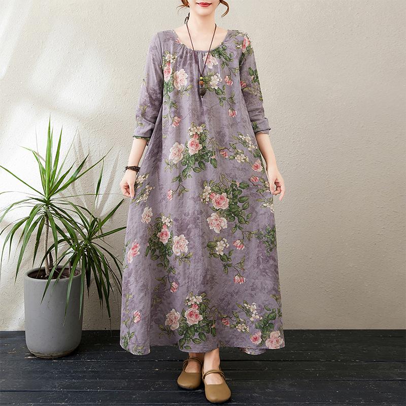 Осеннее литературное свободное платье больших размеров с круглым вырезом и длинными рукавами для весенних женщин в винтажном стиле