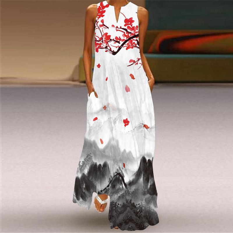 QICED Summer Women's Sleeveless Long V-Neck Printed Jade Flower Dresses