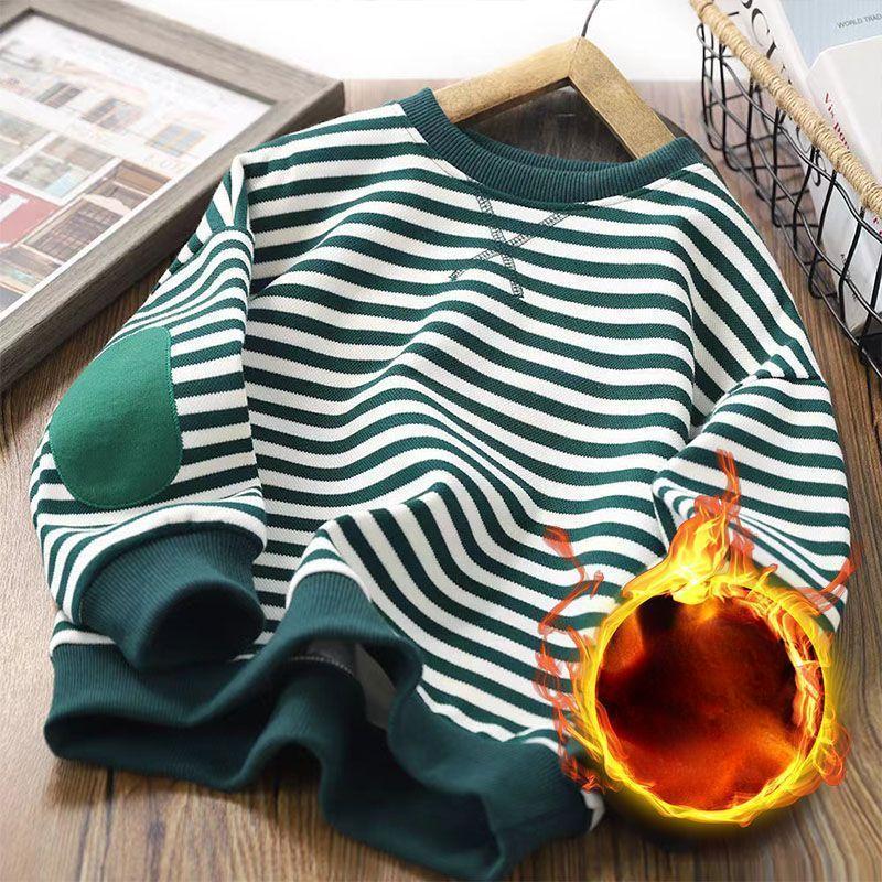 Осенне-зимний детский свитер в стиле колледжа с полосатыми нашивками и круглым вырезом, а также топ из плотного бархата с длинными рукавами для мальчиков и девочек