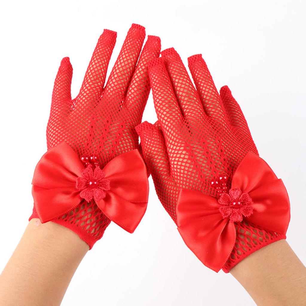 Детские праздничные кружевные перчатки-сетки с жемчугом, перчатки для причастия, перчатки для вечеринки девочки-цветочницы, детские перчатки, сетчатые перчатки с бантом высокой эластичности
