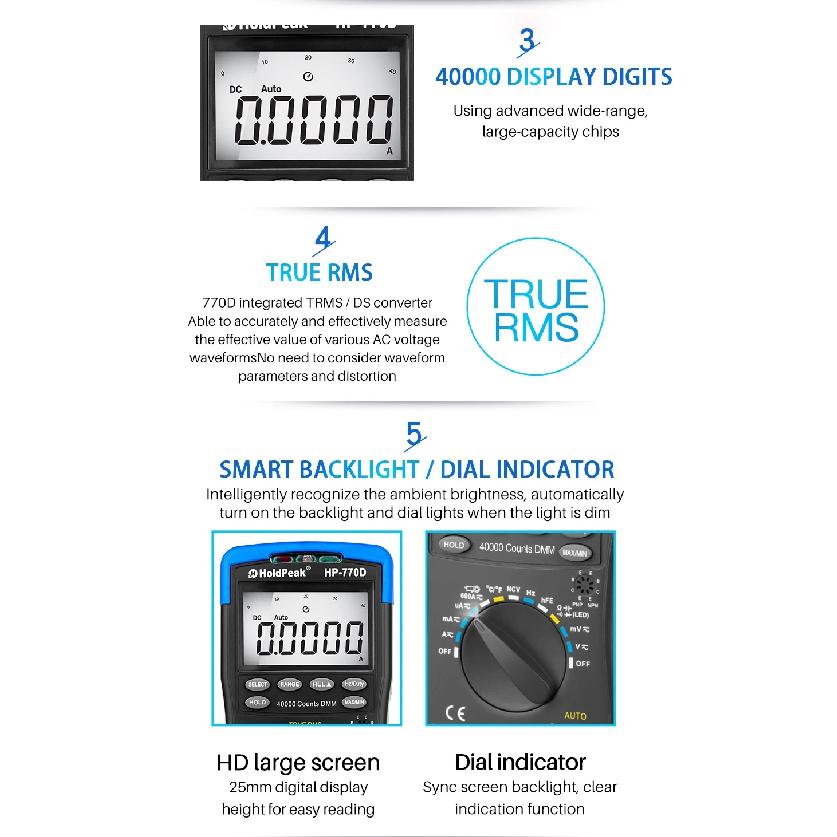 770D-C High-Accuracy NCV AC/DC Voltage/Ohm Tester Digital Multimeter 40,000 Counts, Color Screen Auto-Ranging True RMS
