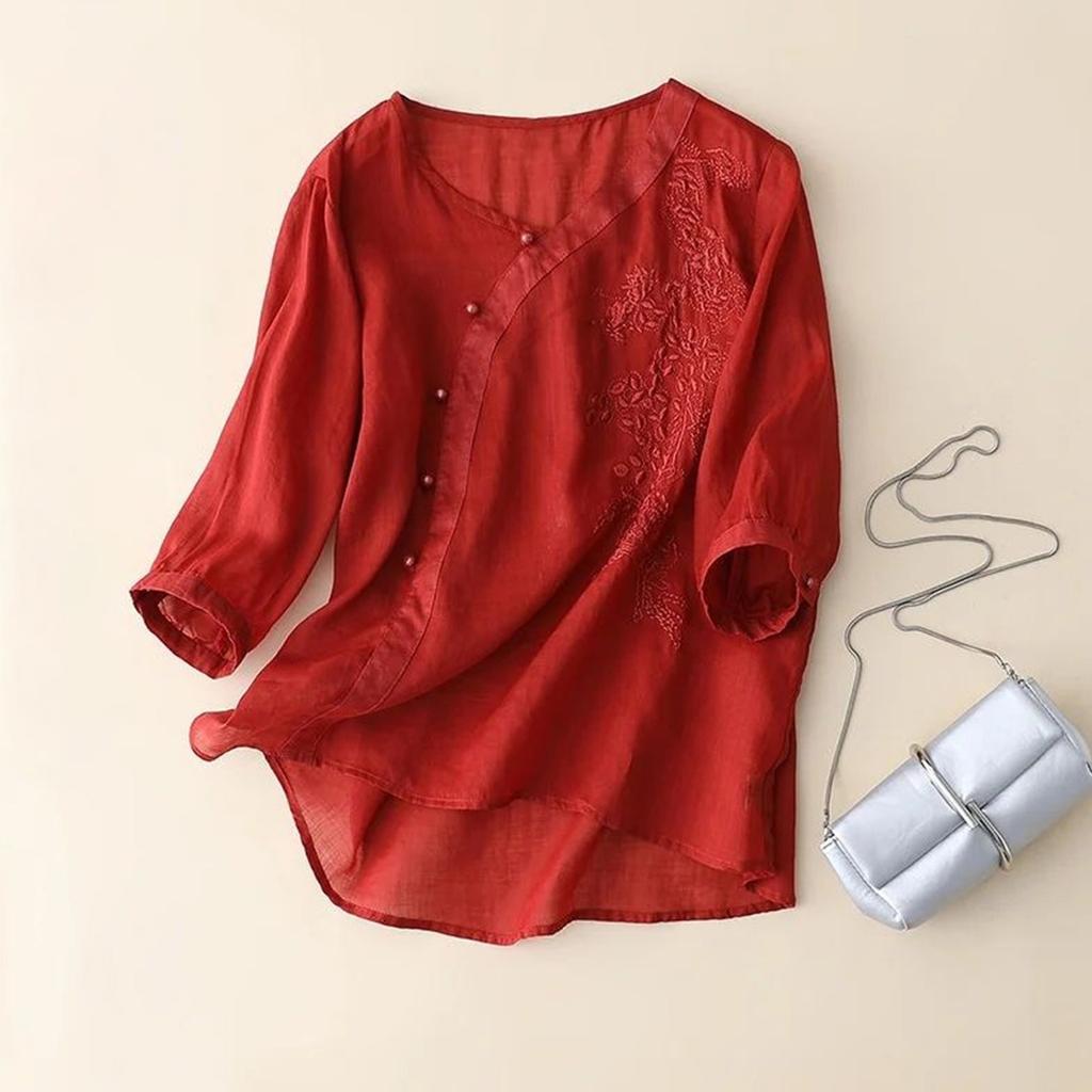 Women's Solid Color Cotton And Linen Short-sleeved Embroidered Retro Breathable T-shirt Round Neck Top