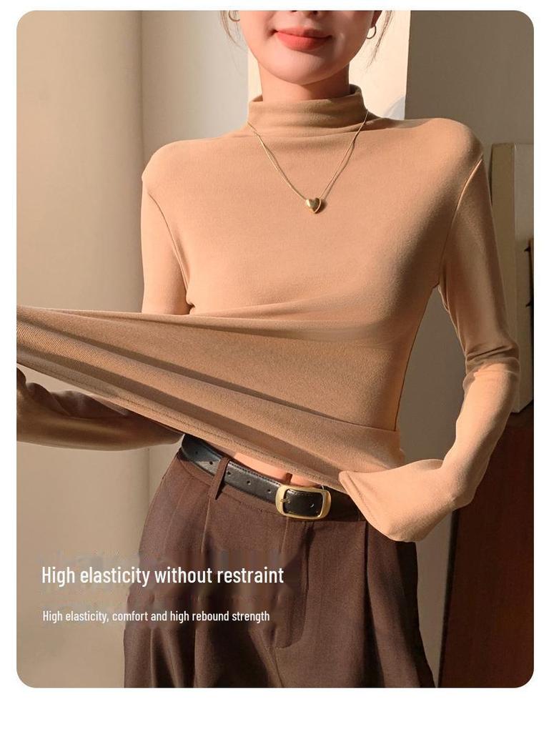 H679 Женский приталенный однотонный теплый топ с полувысоким воротником и длинными рукавами для осени/зимы