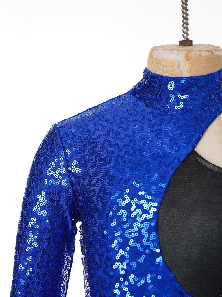 Платье для танцев с блестящими пайетками для девочек, дизайн с асимметричным рукавом, контрастная тюлевая юбка, стиль леотарда, наряд для выступлений