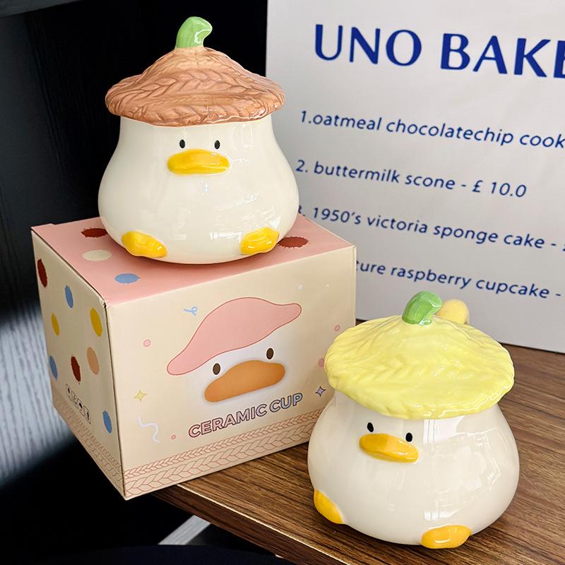 Мультяшная милая кружка в форме утки с крышкой, милая керамическая чашка для воды, креативная офисная кофейная чашка, сувенир