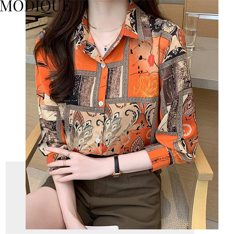 MODIQUE весна лето большие размеры женские свободные элегантные хлопковые шелковые блузки с цветочным принтом рубашки женские модные пальто оверсайз с v-образным вырезом и длинными рукавами