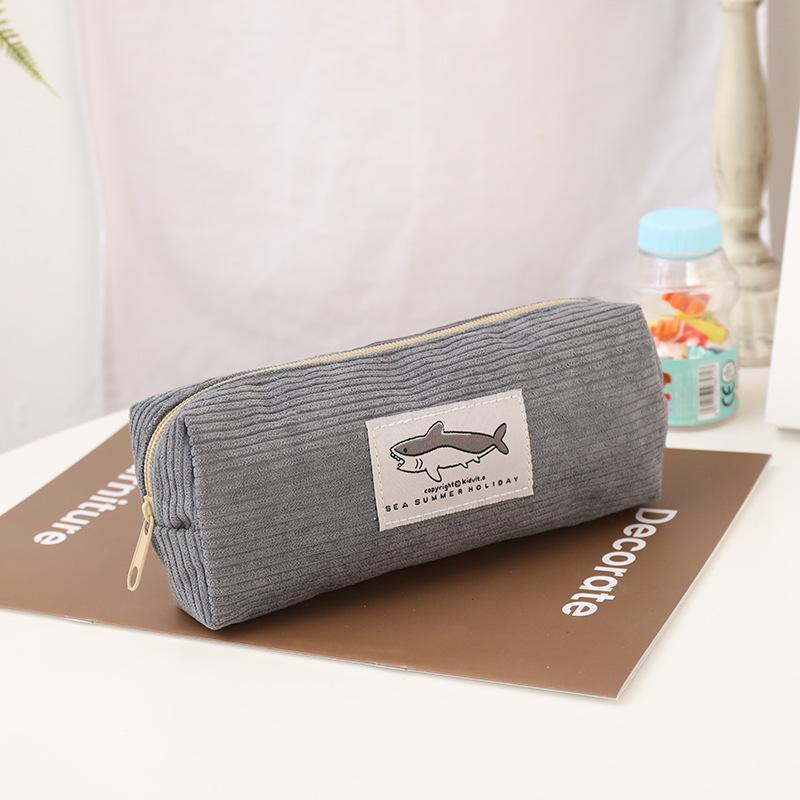 Cute Corduroy Pencil Case Little Shark Embroidery Pen Bag Pouch Gift for Girls&Kids School Office Stationery Organizer Supplies