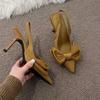 2024 Женские летние новые элегантные дизайнерские босоножки с бантом из искусственной кожи с сексуальным острым носком для вечернего платья Женские туфли на высоком каблуке большого размера