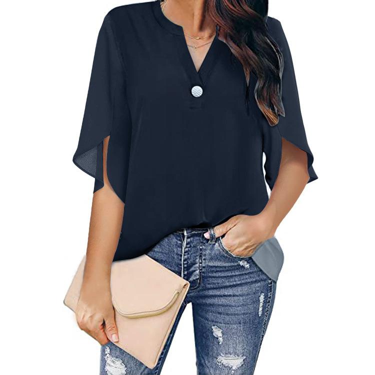 Summer Women's T-shirt Short Sleeve Elegant Casual Solid Color V-neck Chiffon Shirt Women's Tops