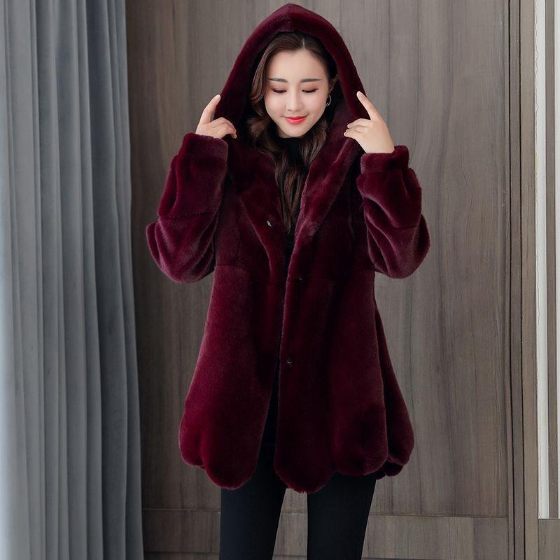 Winter New Fashion Imitation Mink Fur Imitation Coat Middle-aged Mother Hooded Jacket Thickened Women's Pendulum