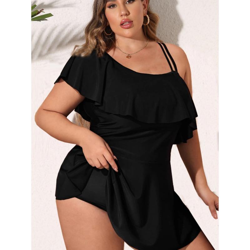 2025 Black Tankini Swimwear Women Plus Size Two Pieces Swimsuit Ladies Big One Shoulder Ruffle Tankini Bathing Suit