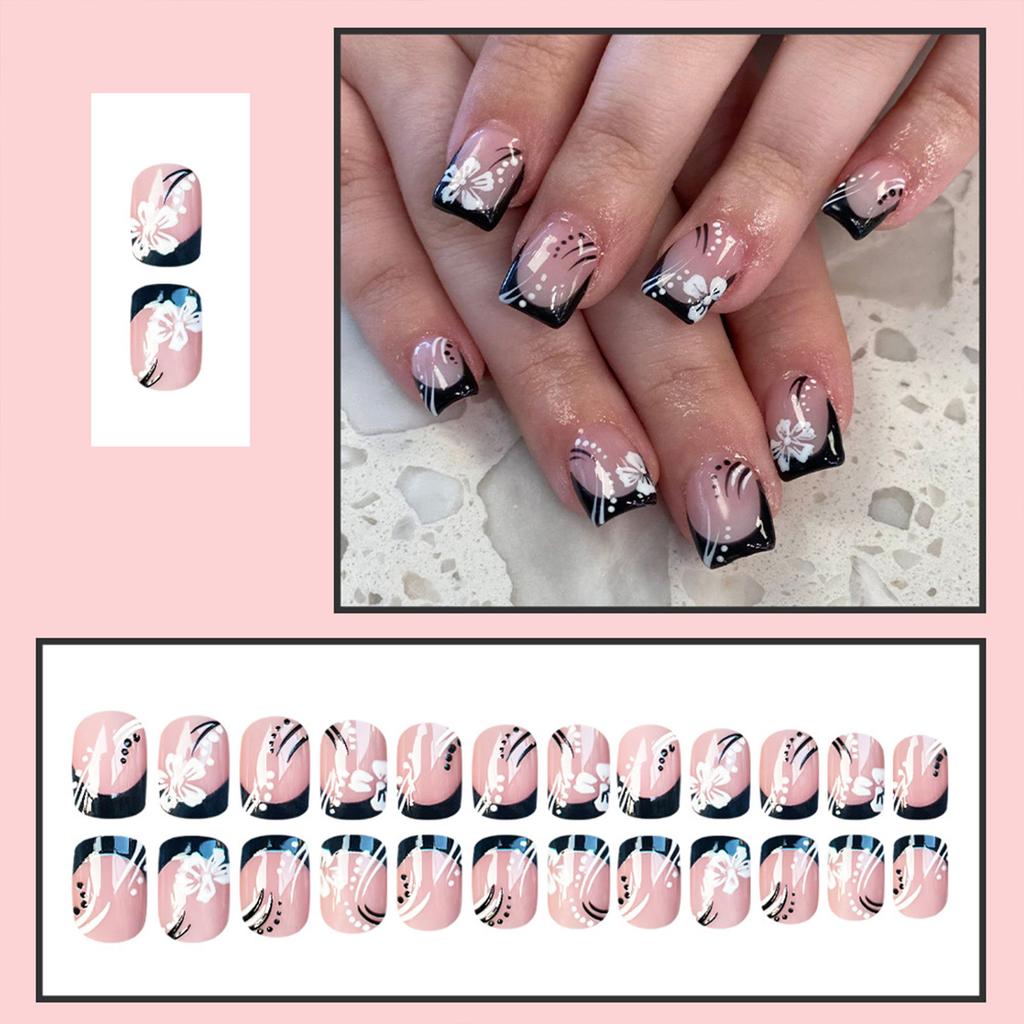 French Style Glossy Flower Nail Tips 24 Pieces Lightweight Comfortable Wear for Daily