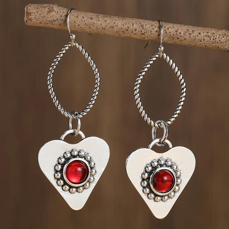 Vintage Gorgeous Heart-shaped Red Stone Pendant Earrings Women's  Holiday Party Silvery Plated Retro Jewelry Accessories
