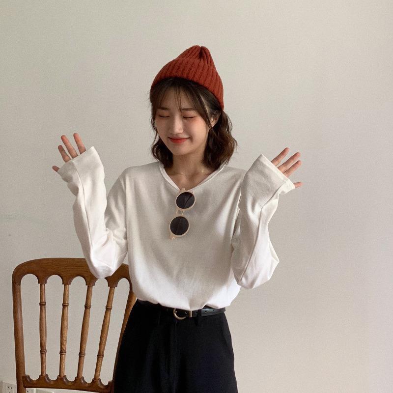 Новая однотонная базовая рубашка на осень и зиму для женщин, свободная повседневная футболка с длинными рукавами для женщин, корейская женская одежда, топы для пар