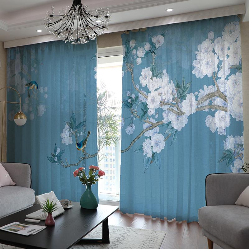 2 шт. Китайские шторы с цветочным и птичьим принтом и очаровательным пейзажем для гостиной, балкона, окон от пола до потолка и спальни