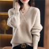 Plus Size Women's V-Neck Cashmere Sweater - Loose, Thick, Korean Style Knitwear for Autumn & Winter