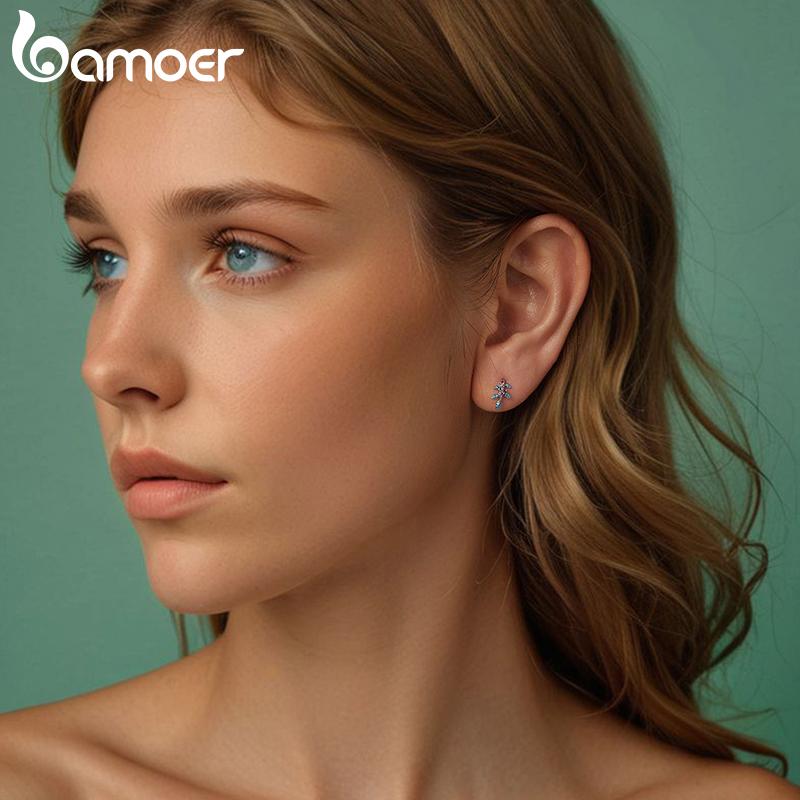 BAMOER 925 стерлингового серебра Рождественский подарок ювелирные изделия Holly Open Ring Красочные серьги-гвоздики с листьями цветов Специальный подарок на Новый год