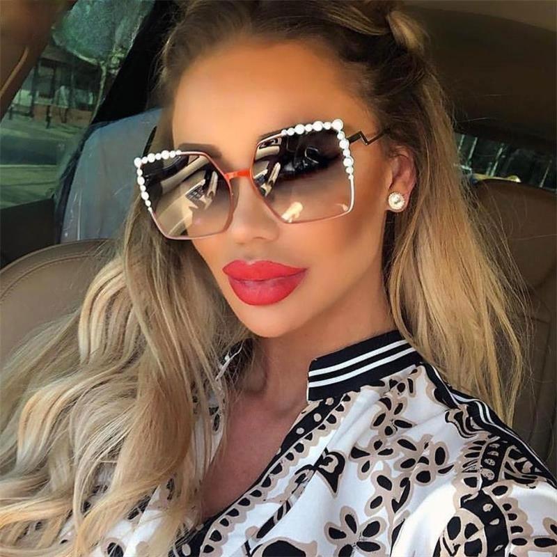 Oversized Square Sun Glasses Ladies New Luxury Pearl Sunglasses Women Brand Designer Fashion Shades Big Square EMA