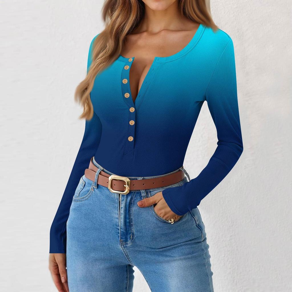 Женская и зимняя футболка с тонким низом, модная повседневная футболка с градиентным принтом и круглым вырезом, пуловер с длинным рукавом