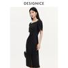 Elegant temperament, black slimming, waist cinching and sloping collar dress