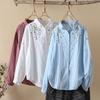 Fresh Floral Embroidery Blouses & Shirts Breathable Cotton Yarn Long Sleeved Shirt for Women In Autumn Loose Slimming Top