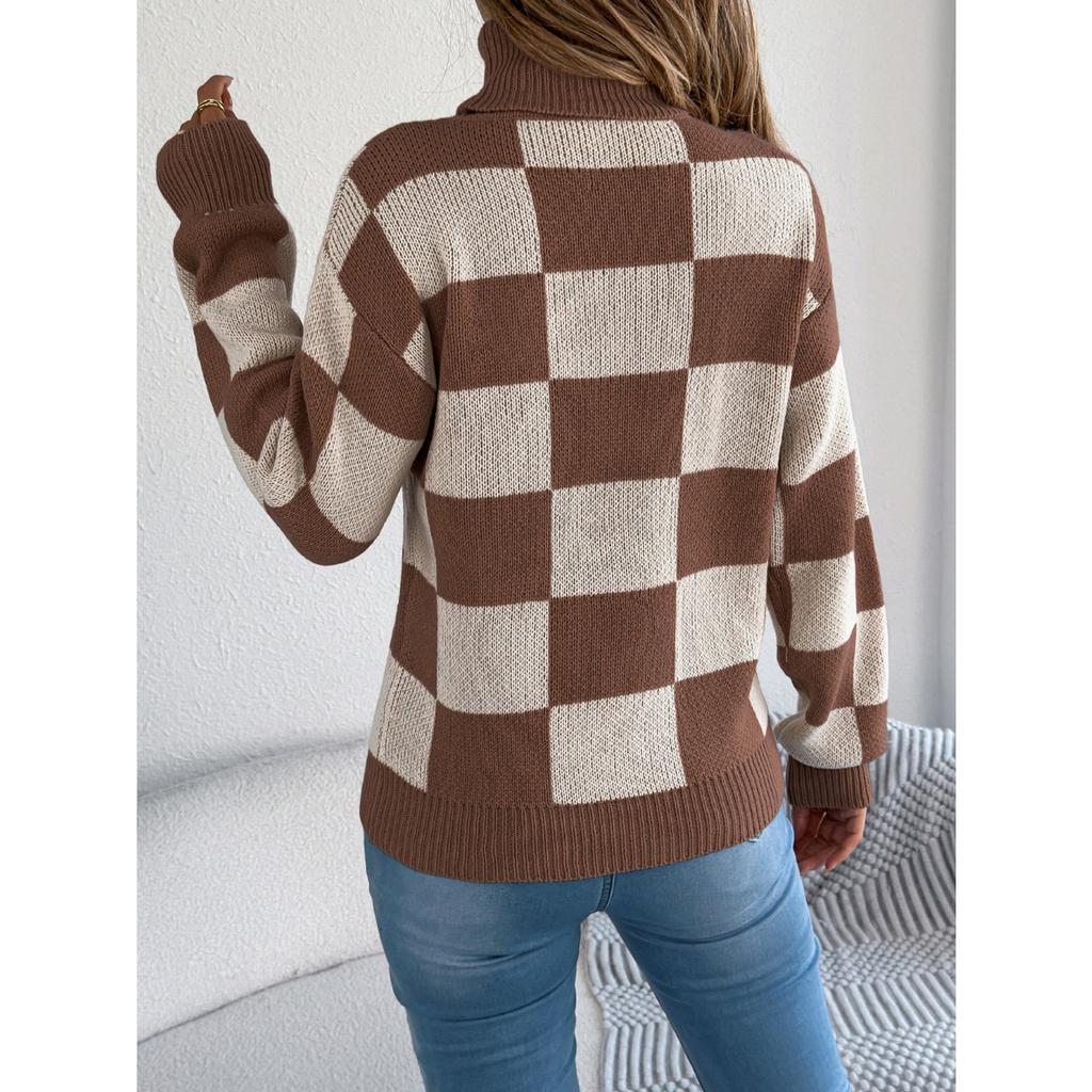 GMXIA Autumn and Winter Casual High-neck Contrasting Color Checkered Lantern Long-sleeved Sweater Women's Wear