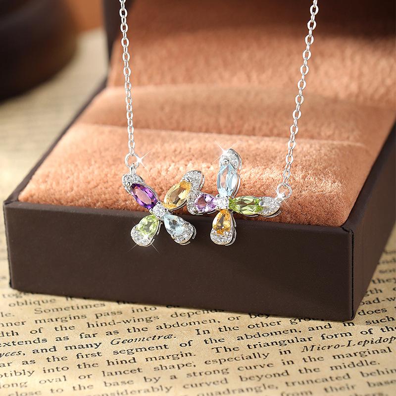 S925 Silver Natural Crystal Stone Necklace Summer Fresh Simple Rainbow Crystal Light Luxury Collarbone Chain Women Fashion Jewelry Gift