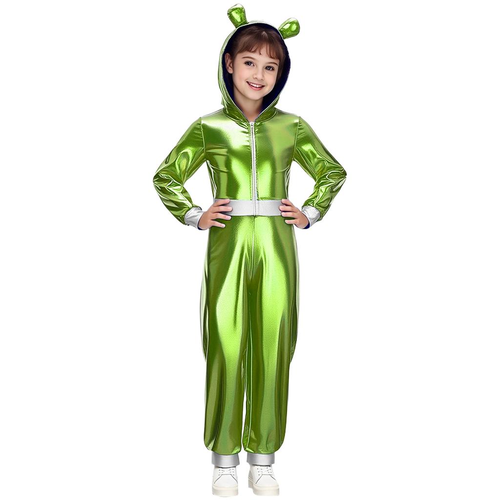 Girls Alien Halloween Costume Metallic Gloss Hood Long Sleeve Front Zipper Jumpsuit Fancy Dress Party Outfit