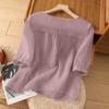 Fashionable Women's Cotton And Linen Short-sleeved Pullover Top With Embroidery, , Loose Fit, Slimming, Versatile Cotton And Linen T-shirt.
