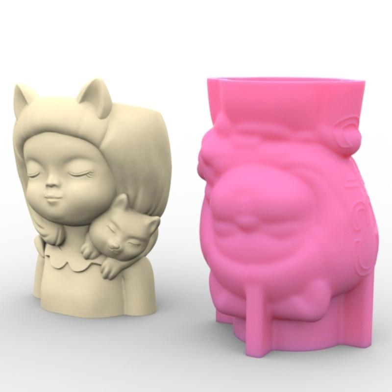 Garden Planter Pot Silicone Mold Girl and Puppy Vase Flower Pot Resin Mold Unique Gift Garden Decoration Planter Mold