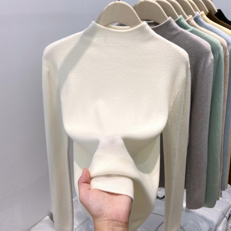 Утепленный теплый флисовый вязаный свитер с полувысоким воротником, женская весенняя мягкая восковая базовая рубашка, однотонный топ