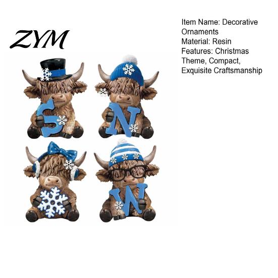 Interior Decoration Pieces 4Pcs Christmas Highland Cow Figurine, Winter Blue Yak Statues with Snowflakes Xmas Healing Style Home Hats, Farmhouse