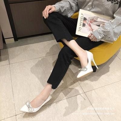 Женские туфли на высоком каблуке 10 см, новинка, бант, стразы, мелкий вырез, нишевые, светские, с острым носом, на тонком каблуке, модные, клубные, одинарные, осень