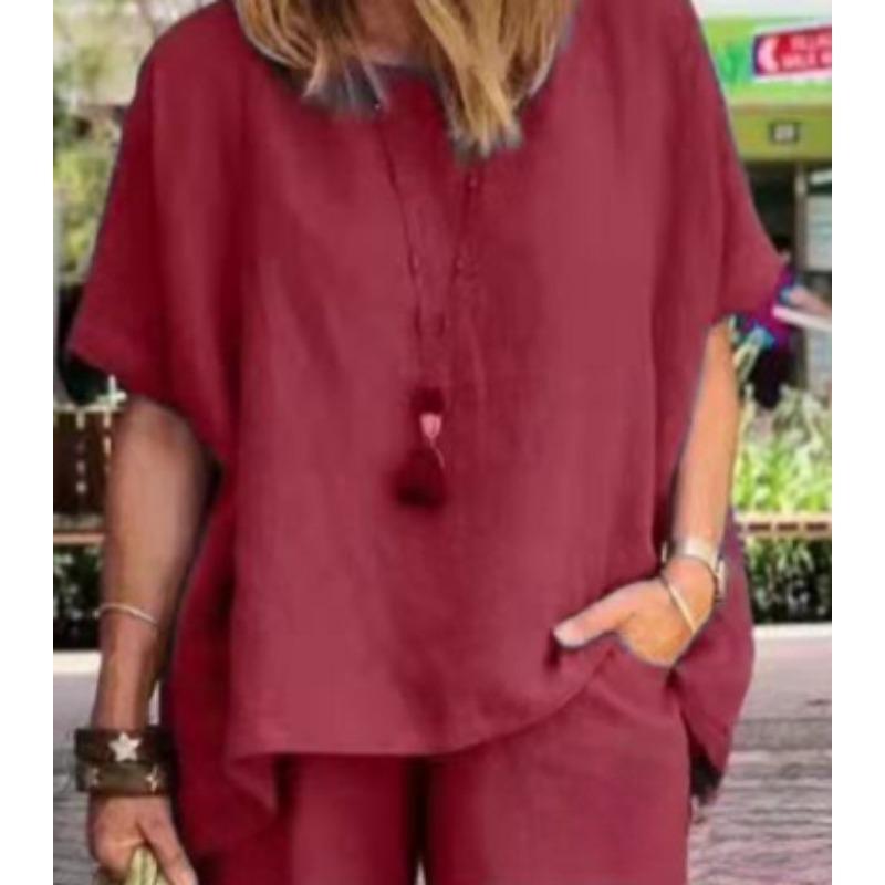 Women Casual Cotton Outfits Summer Half Sleeve T-shirt and Shorts Two Piece Suit Set