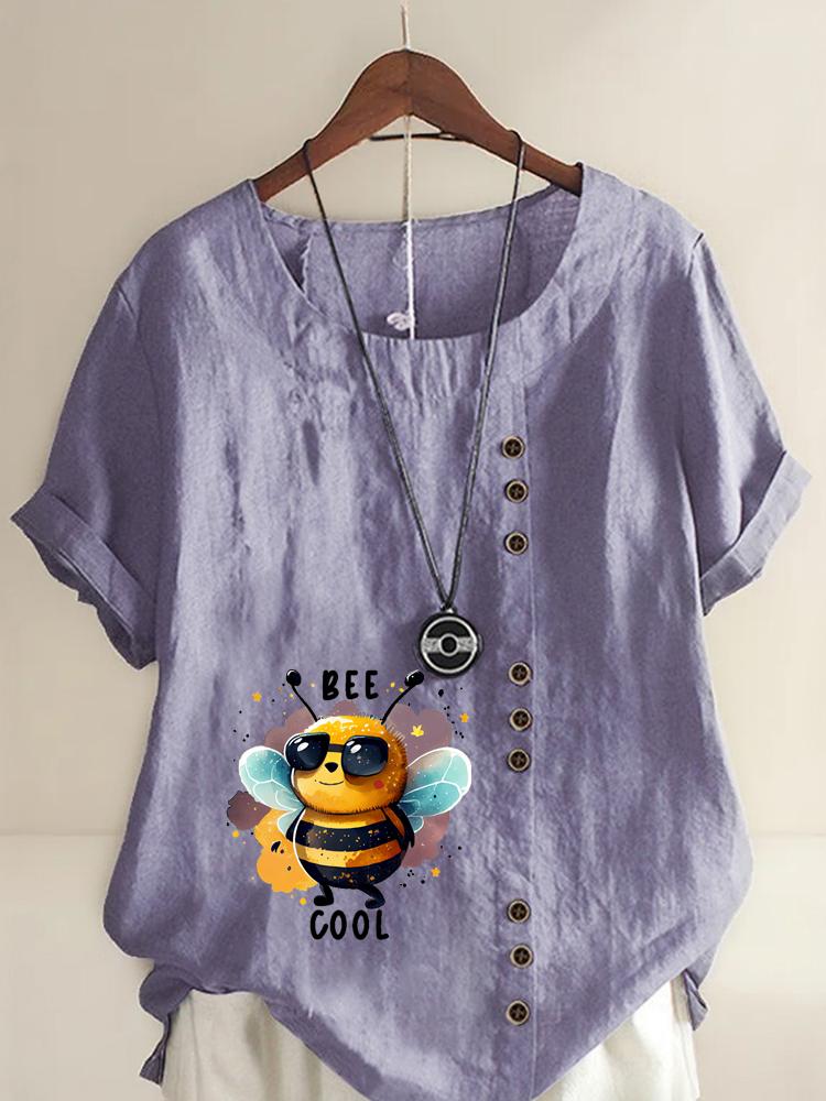 Women's Fashion Cool Bee Print Round Neck Short Sleeve T-shirt Summer Casual Cotton Linen Graphic Shirt Leisure Loose Blouse Tops