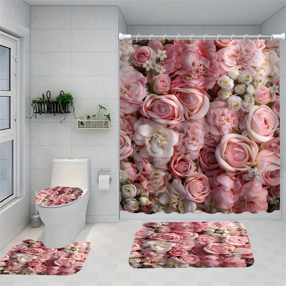 Pink Rose Shower Curtain Set With Toilet Lid Cover And Bath Mat 70.8x70.8 Inches Bathroom Decor