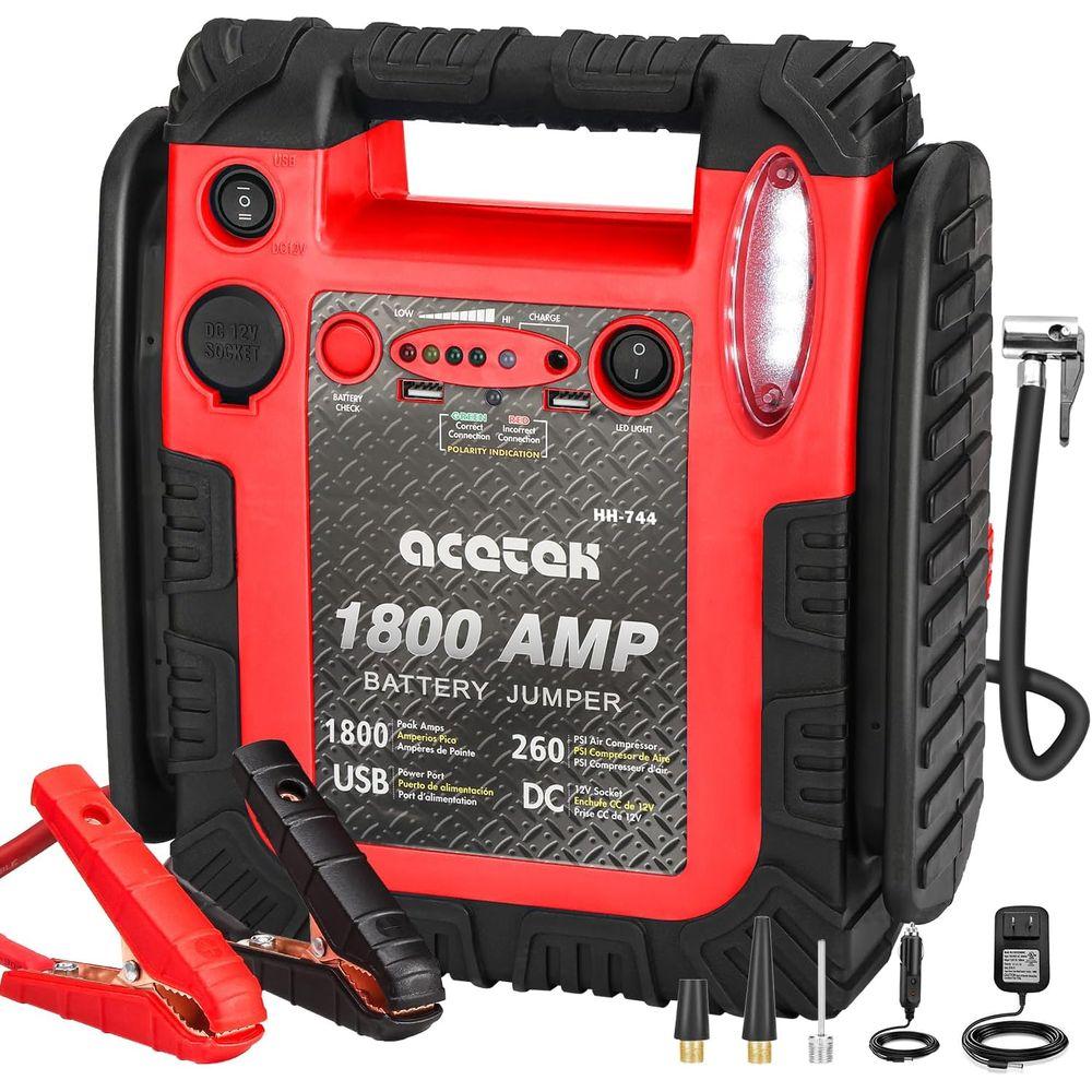Портативное пусковое устройство 1800А с компрессором, насос для шин 260PSI, бустер 12В 20000 мАч для бензиновых/дизельных двигателей, светодиод