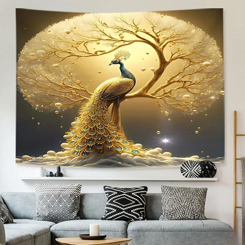 Home Decor Golden Peacock Money Tree Tapestry Polyester Wall Hanging Suitable For Bedroom And Living Room Decoration