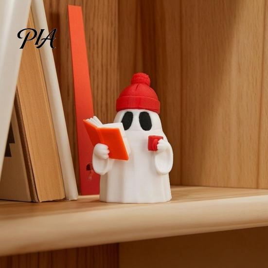Ghost Sculpture 3D Printed Halloween Figurine, Red Hat Reading PLA Statue Statue, Holding Coffee for Holiday Party Decoration Spooky Decor