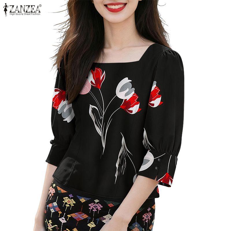 ZANZEA Women Casual Square Collar Summer 3/4 Sleeve Print Blouse