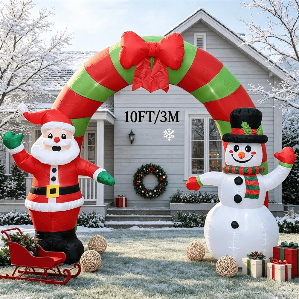 10FT Christmas Inflatable Candy Arch with Santa & Snowman, LED Blow Up Archway, Outdoor Lawn Yard Decoration for Christmas Holiday Party