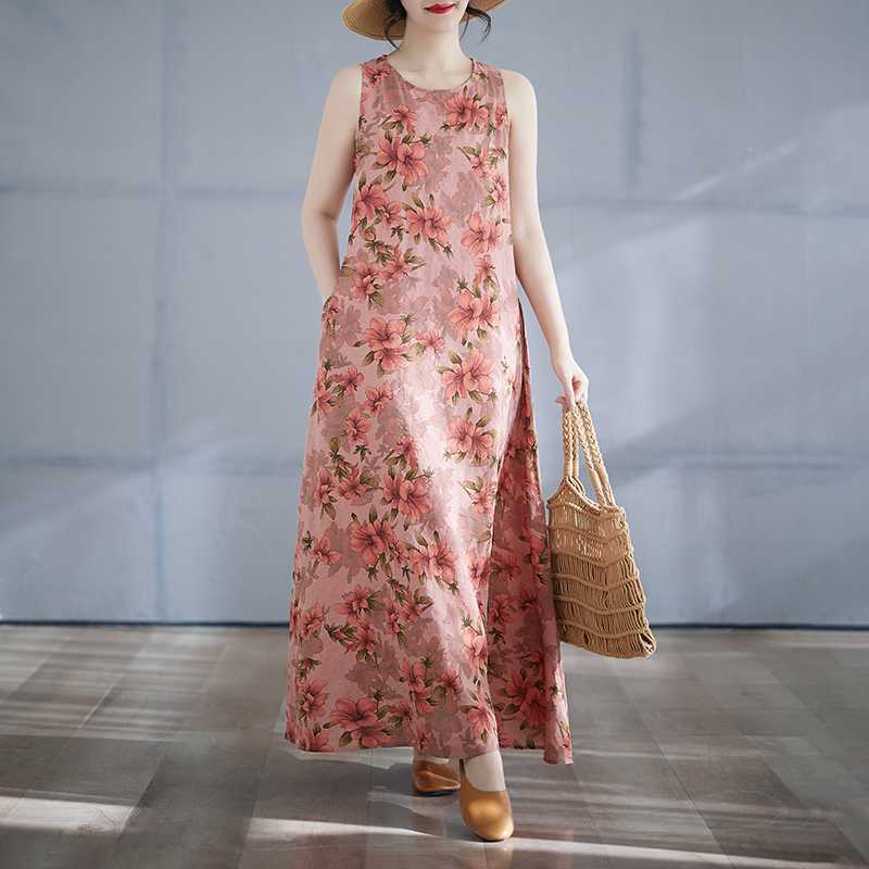 Женская длинная юбка лето новое платье с круглым вырезом и принтом